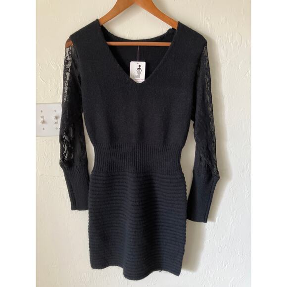 The CURATED CLOSET Lace Sleeve Sweater Dress in Black Size Small S - Picture 4 of 7